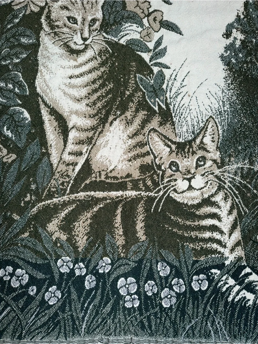 Vintage Woven Tapestry Throw Blanket Cats Garden Floral Fringe 40” X 51”